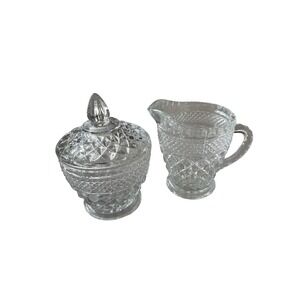 Vintage Crystal Glass Sugar Bowl‎ with Lid and Creamer Pitcher Set Wexford